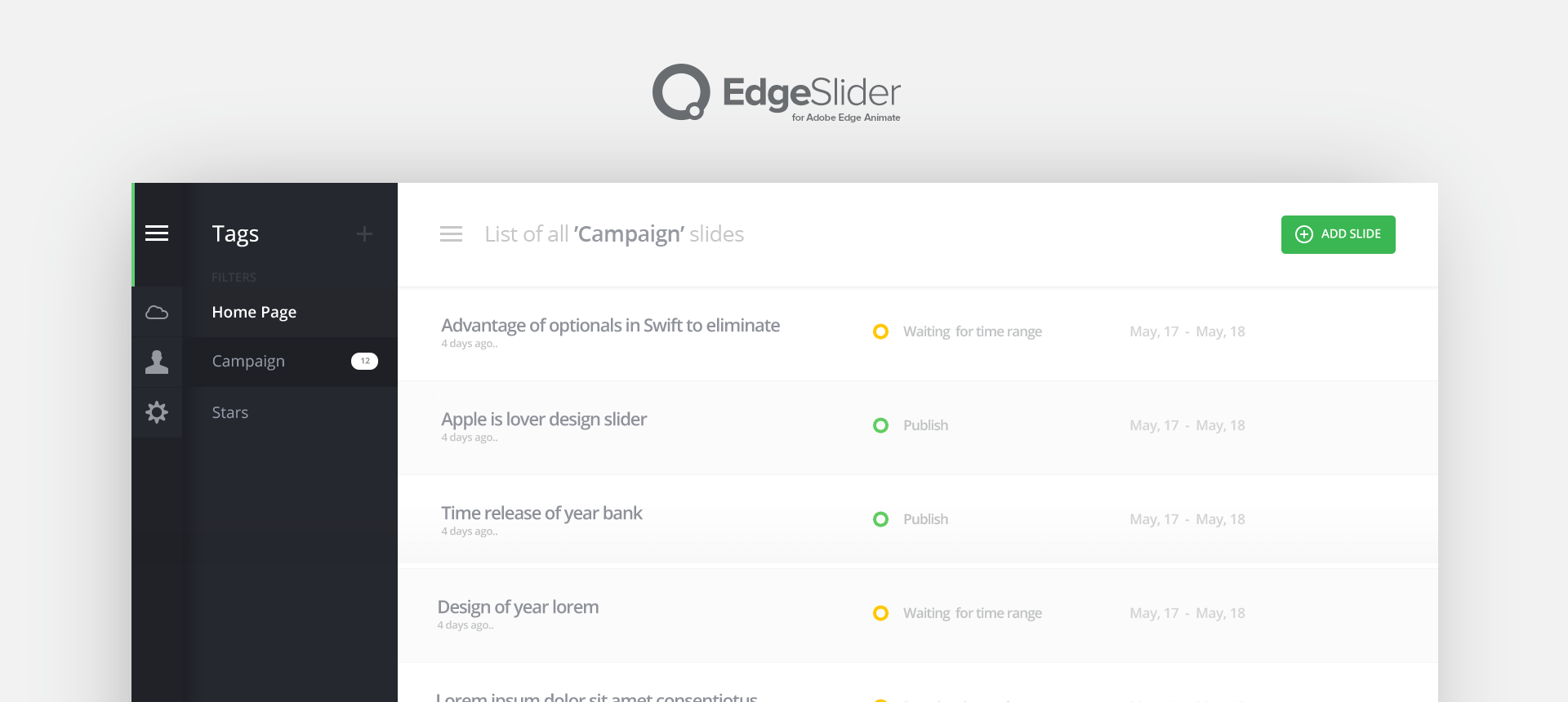 Edgel Slider Plugin Powered by HTML5 and CSS3 for Adobe Edge Animate